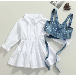 "Adorable ensemble de vêtements pour bébé fille : robe chemise à manches longues avec gilet en perles en denim - tenue tendance 2 pièces pour enfants à la mode"