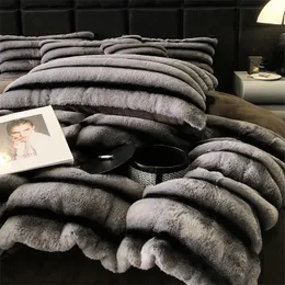 Faux Rabbit Fur Velvet Fleece Winter Bedding Set Soft Plush Stereoscopic Stripe Duvet Cover Set Flat/Fitted Bed Sheet Pillowcase 240111