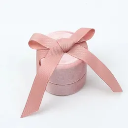 Wholesale Jewelry Packaging Box in pink Velvet Round Bowknot for Ring Pendant and Necklace 240110