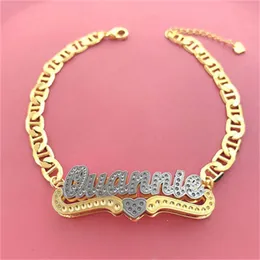 Bracciali Braccialetti con nome a doppia piastra con cuore Bracciale con nome personalizzato bicolore Bracciale con nome in acciaio inossidabile 3D con catena in oro Bracciale con nome per donne