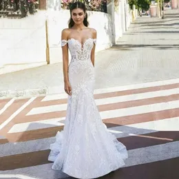 Stunningbride 2024 Abiti da sposa eleganti a sirena da donna Sweetheart bianco aperto sul retro in pizzo con spalle scoperte Abiti da sposa Sweep Train