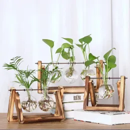 Hydroponic Vase Creative Terrarium Decor Flower Decoratio Frame Bonsai Glass Wooden Tabletop Plant Transparent 240110