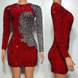 Bühnenkleidung Rote Pailletten Silber Strass Kleid Frauen Mesh Sänger Party Kleider Gogo Tanzkostüme Abend Prom Outfit XS7537