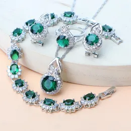 Sets Silver 925 Green Zironia Jewelry Sets Birdal Rings Bracelets Pendant Wedding Necklace Earrings Stones For Women Set Jewelry