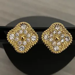 디자이너 15mm 스털링 Sier Plated Gold Stud Earring Women Chalcedony Diamond Four Leaf Clover Earrings Jewelry