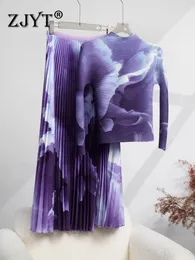 Work Dresses ZJYT Fashion Designer Gradient Print Dress Sets 2 Piece For Women 2024 Spring Outfit Midi Pleated Skirt Top Conjuntos De