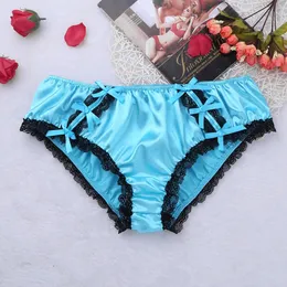 Sexy Gay Mens Bikini Sissy Briefs Underwear Shiny Soft Ruffled Floral Lace Satin Lingerie Low Rise Stretchy Sissy Briefs Panties 240110