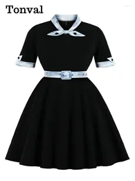 Party Dresses TonVal Bow Neck 3xl 4xl Vintage Long For Women 2024 Autumn Half Sleeve Belted Elegant Birthday Swing Dress