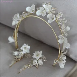 Jonnafe Porslin Flower Wedding Crown Hair Tiara Rhinestone Bridal smycken Hårtillbehör Handgjorda kvinnor Huvudstycke 240110