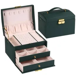 Display Multifunctional Threelayer Leather Drawerstyle Jewelry Box Earrings Lock Jewelry Box Necklace Ring Storage Box for Women Gift