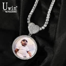 Necklaces Uwin Heart Round Photo Pendant Custom Photo Memory Medallions Necklace Iced Out CZ Hip Hop Jewelry DIY Memories Gifts For Women