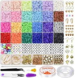 Composants Ensemble de perles en argile polymère de 6 mm, 24 perles plates de couleur arc-en-ciel pour la fabrication de bracelets et de colliers Boho, Kit d'accessoires de perles de lettres, bricolage