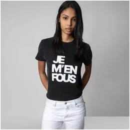 Kadın T-Shirt 23SS Zadig Voltaire Slogan Mektup Baskı Tees Kızarmış Renkli Kar Yıkama Tshirt Kadınlar Kısa Kollu Damla Teslimat Giyim Dhvdn