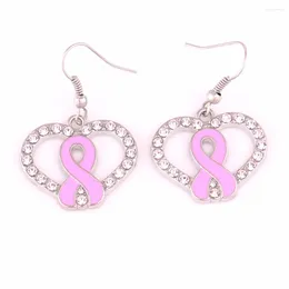 Dangle Earrings Breast Cancer Awareness Zinc Alloy Pink Enamel Ribbon Bow Crystal Heart Pendant Fish Hook