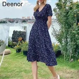 فساتين Deenor Summer Women Dress Prital Print Bohemia Long Chiffon Dress Ruffles Wrap Disual Vneck Sexy Party Dress Robe