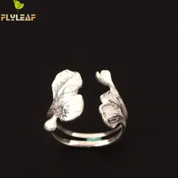 Rings Real 925 Sterling Silver Jewelry Retro Ginkgo Leaf Open Rings for Women Origin