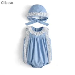 Baby Girls Blue Linen Rompers Children Spanish Boutique Bodysuits Född Summer ärmlösa Bubblor Eid Birthday Present 240110