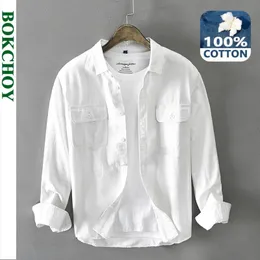 Autumn Winter Men Men's White Long Sleeve Shirt Pure Cotton Retro Style Button Up Pocket Workwear GAZ102 240111