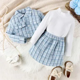 Clothing Sets 3-7Y Children Girls Autumn Skirt Outfits Baby Long Sleeve Ribbed Tops Plaid Jacket Mini Skirts Hat 3Pcs Kids Clothes