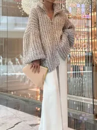 女性のファッション用エレガントなスパンコールセータールレックス長袖レスゆるい女性のジッパー編みカーディガン2023秋のストリート衣類女性のアウター240110