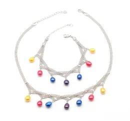 Set di bracciali con collana con pendente di perle di riso d'acqua dolce 78mm Perla ovale di colore tinto montato su collana a catena placcata in argento per donna7820861