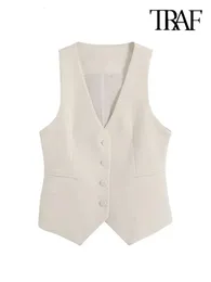 TRAF Women Fashion Front Button Fitted Waistcoat Vintage Sleeveless Welt Pockets Female Outerwear Chic Vest Tops 240111