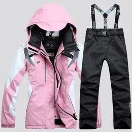 Terno de esqui térmico à prova d'água feminino, jaqueta de esqui, calça feminina, conjunto de snowboard, casaco e calças, traje de esqui feminino 240111