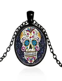 Anhänger Halsketten Mexikanischer Zuckerschädel Tag der Toten Halskette Schwarze Kette Skelett Glasschmuck Klassisch XL15265710289443624
