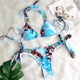 Print Sexy Bikini Badpak Met Strass Dames Badmode Vrouwelijke Push Up Bikini Strand Zwemkleding Badpakken Bader 240110