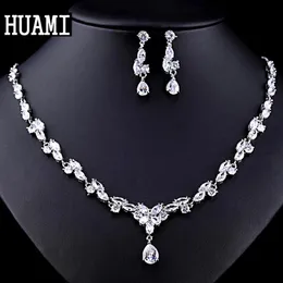 Sets HUAMI Pendant Necklace for Girls Fine Jewelry Sets Bridal Water Drop Earrings Flower Chian Metal Silver Color Banquet Costum