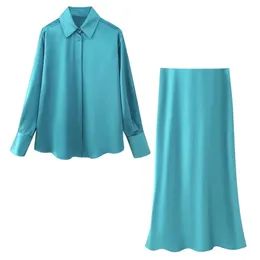 Zach AilsaЖенская рубашка-поло из шелкового атласа с текстурой и высокой талией, платье миди, зимний модный комплект 240111