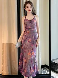 Casual Dresses Elegant French Women's Sexy Vintage Prom Dress Women Purple Mesh Halter Backless Lace Up Fishtail Long Robe Club Party