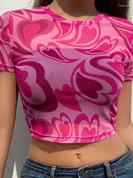 Camiseta feminina vrouwen zomer roze hart gedrukt esthetiek ver através de malha coreano korte mouw para zoete kawaii meisjes 2024 colheita