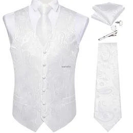 Mäns västar Pure White Wedding Vest för människans ärmlös V-ringning Satin Luxury Men Waistcoat Slyckig Pocket Square Cufflinks Clip 5 PCS Set Giftl240104