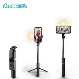 Monopés Cool Dier Novo Sem Fio Bluetooth Selfie Stick Dobrável Tripé Expansível Monopé com Luz de Preenchimento Led para Iphone Android Phone