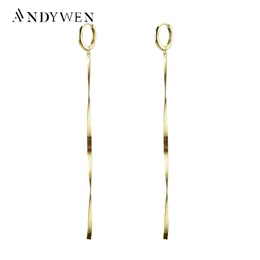 Örhängen Andywen 925 Sterling Silver Gold Long Chain Earring Plait Line Luxury Women Crystal Luxury Gold Statement Fashion Party Jewelry