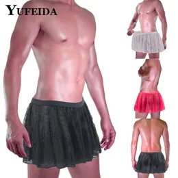 Yufeida lingerie masculina renda guarnição saia plissada sissy sexy renda minissaias roupa interior role play traje underpant minissaia para homem 240110