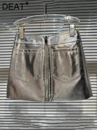 DEAT Shiny PU Leather Zipper Design Skirts Women's Streetwear High Waist Trend Pocket Wrap Hip Skirt Female Spring 11XX1221 240110