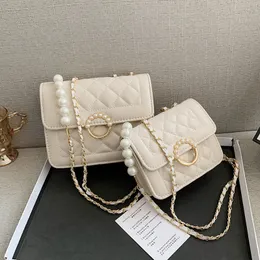 Bolsos de celosía de diamantes con cadena para mujer, bolso cruzado de moda con hebilla de perla, bolso cuadrado pequeño