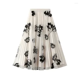 Skirts Purchase 2024 Spring Flocking Flower Mesh Skirt Front And Back Wearing Pleated Mid Length A-line Long