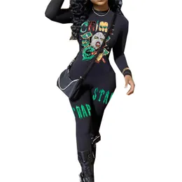 STYLISH LADY Cartoon Letter Printed Hip Hop Rompers and Jumpsuits 2024 Autumn Women Long Sleeve O Neck Bodycon Sexy Club Overall