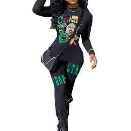 STILVOLLE DAME Cartoon Brief Gedruckt Hip Hop Strampler und Overalls 2024 Herbst Frauen Langarm O Neck Bodycon Sexy Club insgesamt