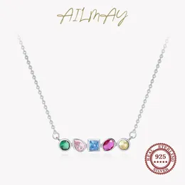 Hängen Ailmay Luxury Shining Rainbow CZ Geometric Design Pendant Real 925 Sterling Silver Chain Necklace For Women Wedding Fine Jewelry