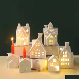 Julekorationer 1pc Village House Modern Ceramic Name Lamp för sovrums bordsdekoration Celebration Gift Drop Delive Dhnvo