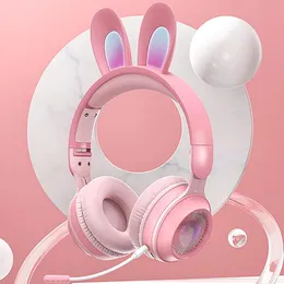 Headphone/Headset Nouveaux écouteurs sans fil RGB oreilles de lapin casque avec micro filles mignonnes musique Bluetooth casque pour casque de joueur pour enfants