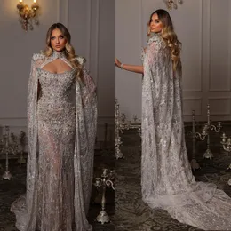 Glamorous Heavy Beaded Evening Dresses Pearl Crystal Mermaid Prom Dress With Cape Strapless Plus Size Custom Made Special Occasion Dresses