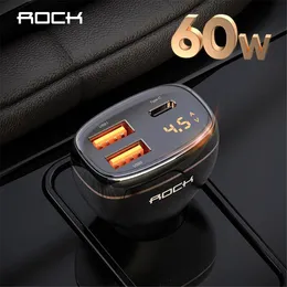 Ladegeräte Rock 60 W 3 Port Autoladegerät Digitalanzeige Qc4.0 Qc3.0 Typ C Pd 33 W Schnellladegerät für das Auto für iPhone 14 Pro Max Samsung S23