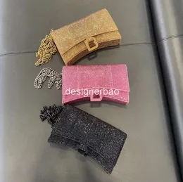 2024 novo designer cheio de diamantes sacos rhinetsone brilhante ampulheta barra corrente pequeno quadrado bolsa ombro único feminino diagonal span aleta