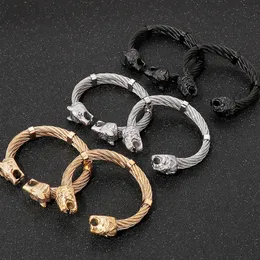 Gótico banhado a ouro aço inoxidável lobo leão cabeça aberta pulseira para meninos masculinos na mão acessórios de jóias alças 240110