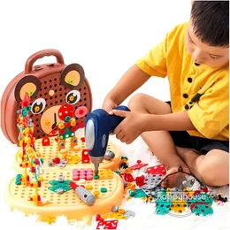 Caixa de ferramentas de criatividade para meninos conjunto de broca elétrica blocos de construção quebra-cabeça brinquedo chave de fenda montessori brinquedos educativos crianças 240110